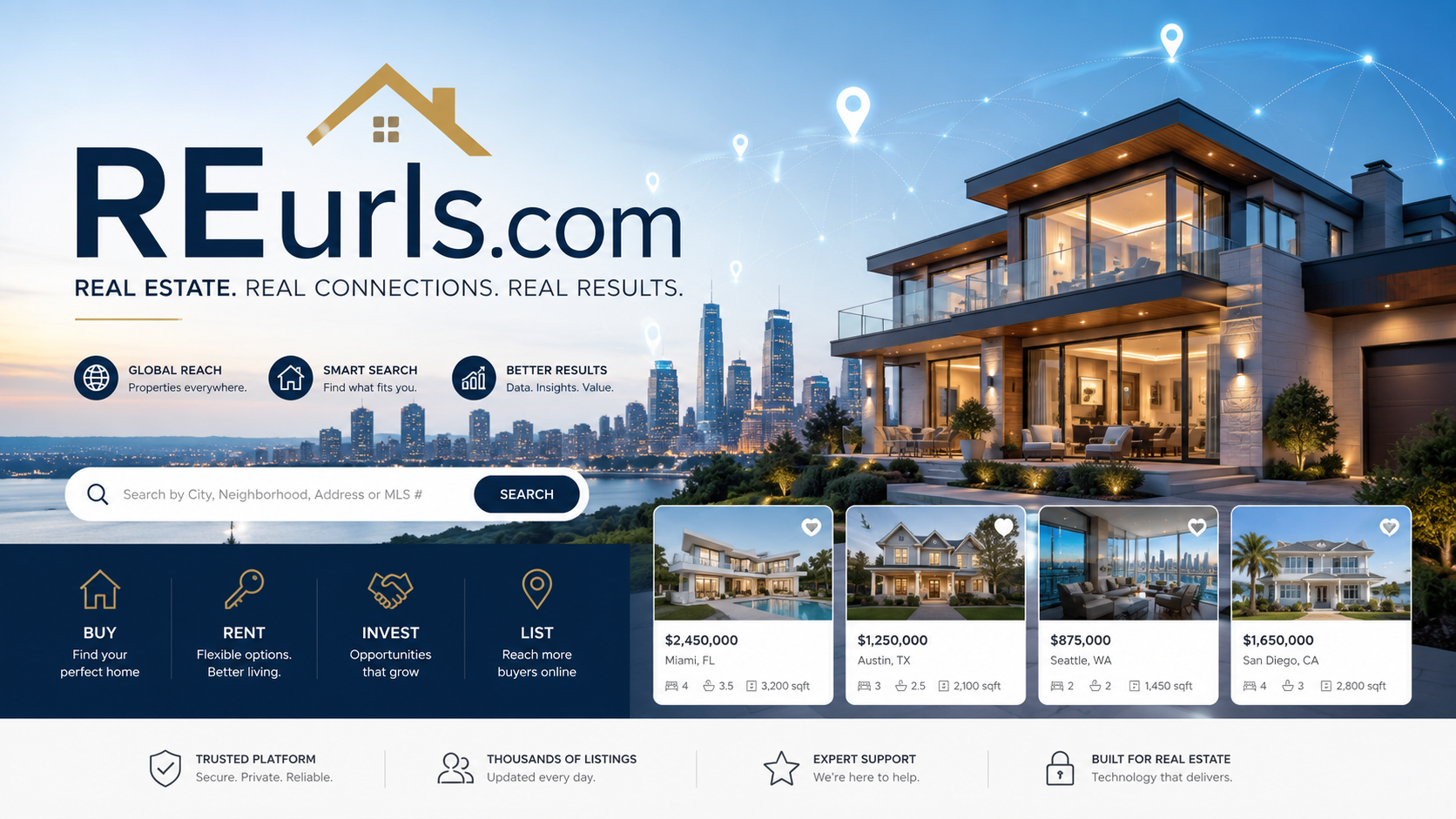 Modern real estate technology scene with homes, map pins, and REURLs.com branding.